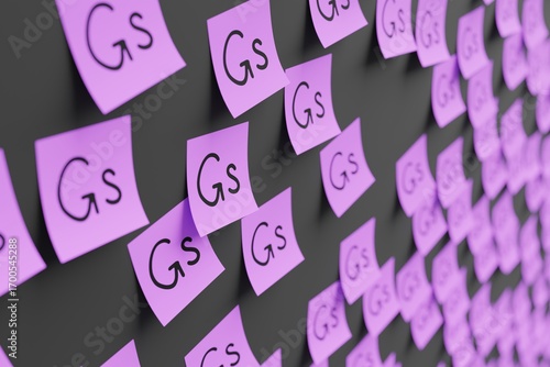 Fényképezés Many violet stickers on black board background with symbol of Paraguay guarani drawn on them