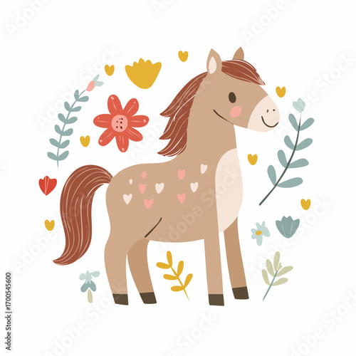 Hand drawn abstract vector clipart illustration collection with color adorable cute, stylized horse character