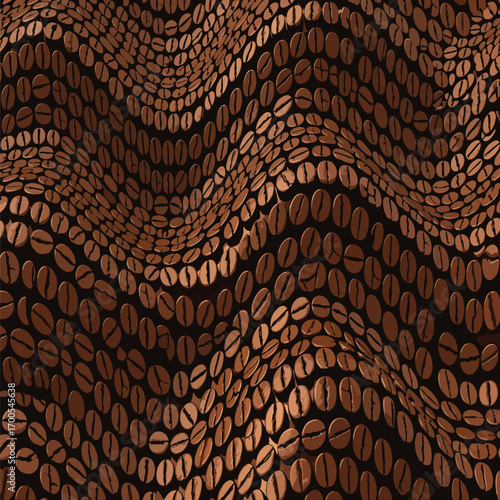 Wavy coffee beans pattern on a dark background creating a fluid, textured design, seamless pattern, royalty stock.