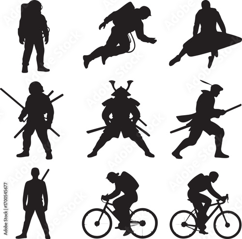 Silhouettes of Astronaut Samurai Cyclist and Athlete Poses Keywords: astronaut, space suit, samurai