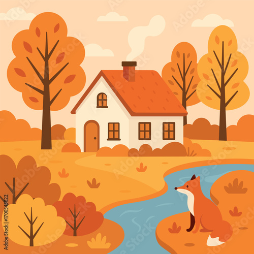 Autumn landscape illustration with cozy house, fox, river and fall trees. Warm seasonal countryside scenery, vector design for postcards, prints, wallpapers, kids books, nature, autumn vibes