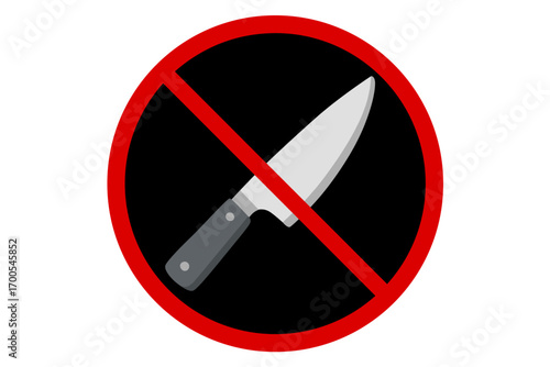 Vector prohibition sign with knife. Symbol for no weapons, no sharp objects, no entry with knives, forbidden cutlery, restricted items, or security regulation in controlled areas.