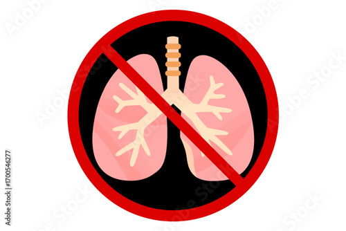 Vector prohibition sign with human lungs. Symbol for no smoking, respiratory health warning, breathing restriction, lung disease prevention, or forbidden lung exposure.