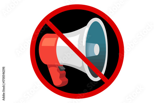 Vector prohibition sign with megaphone. Symbol for no loudspeakers, silence required, quiet zone, noise control, no shouting, or sound restriction areas.