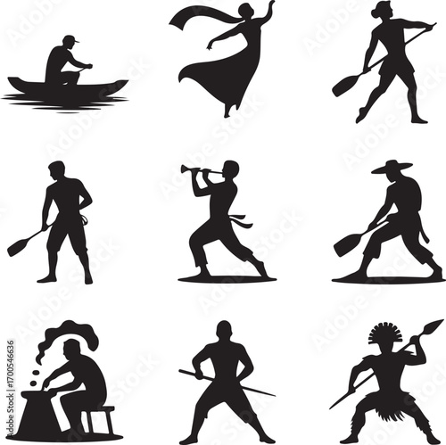 Silhouettes of People Rowing Dancing Playing Music and Crafting person activity