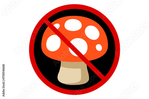 Vector prohibition sign with mushroom. Symbol for toxic fungi, no picking mushrooms, food restriction, allergy warning, poison prevention, or mushroom ban.