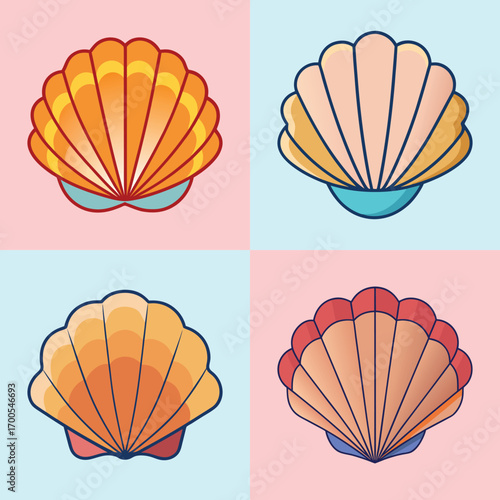 Four Colorful Scallop Shell Illustrations: Pastel Background, Summer Vibe, Flat Design, Vector Graphic