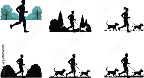 Dog walking and jogging silhouette set with nature backgrounds, leashed pets, and active poses for lifestyle, education, and merch