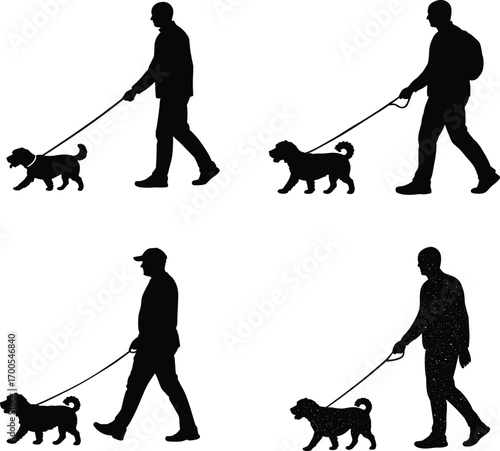 Dog walking silhouette set, leash posture variations, pet owner motion, black vector illustration for lifestyle, outdoor, and animation themes