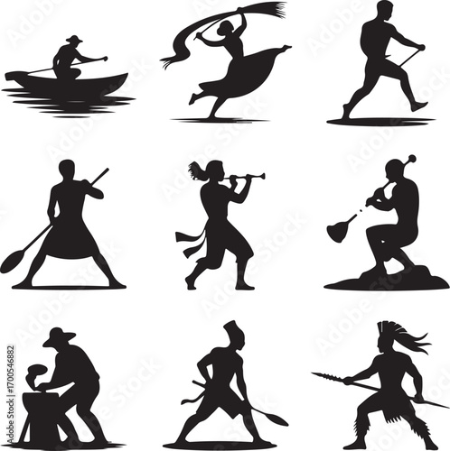 Collection of black ancient people silhouettes Keywords: ancient, person, man, woman, canoe, boat