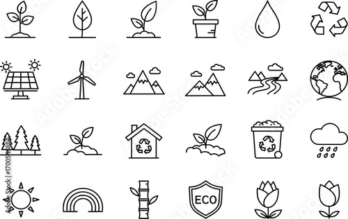 Eco icon set, black line style, sustainability symbols, nature graphics, vector illustration, green energy pack, environmental conservation design bundle