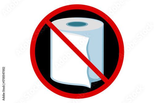 Vector prohibition sign with roll of paper. Symbol for no toilet paper, restricted paper use, paper waste ban, tissue prohibition, or ban on disposable paper rolls.