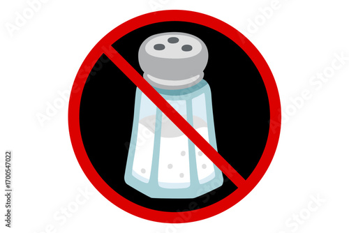 Vector prohibition sign with salt shaker. Symbol for no salt, reduced sodium, salt restriction, low-salt diet, health warning, or prohibition of added salt.
