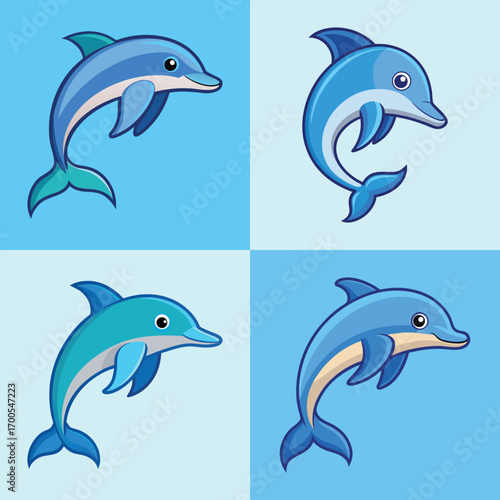 Cartoon Dolphin Set: Four Cheerful Blue Dolphins Leaping, Playful Ocean Animal Illustrations for Children's Designs.