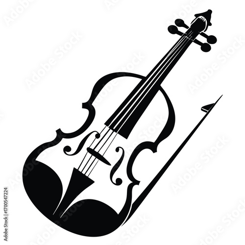Minimalist Black and White Violin Illustration with Bow, Strings, and Headstock Details