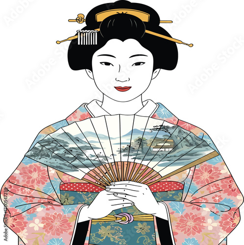 vector, illustration, Japanese woman in kimono and traditional fan, poster, Tokyo, background