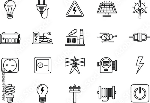 Electricity icon set, black line style, cartoon energy symbols, vector illustration, power grid graphics, renewable pack, educational design bundle