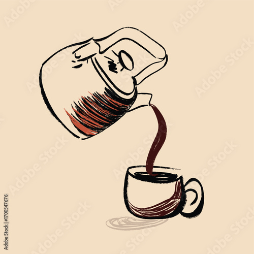 Pouring fresh brewed coffee into a mug for a tasty morning beverage illustration with a unique style
