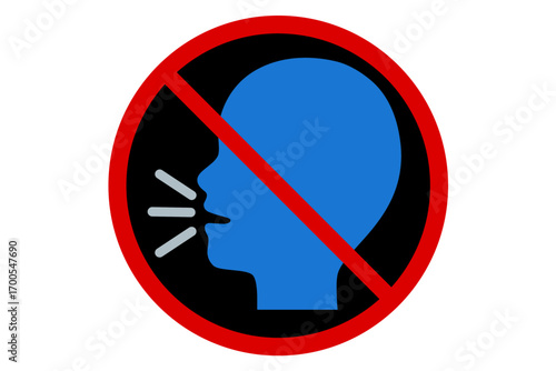 Vector prohibition sign with speaking head. Symbol for no talking, silence required, speech restriction, quiet zone, or no verbal communication allowed.