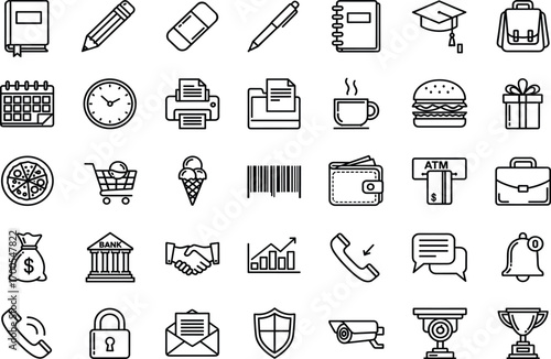 Essential icon set, business, lifestyle, finance, food, communication, security, black and white line art, minimal UI, versatile design assets