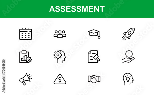 Minimal assessment icons for academic and business evaluations. Perfect for apps, websites, and branding with professional, clean, and versatile visuals.

Set 19 (36 tags):