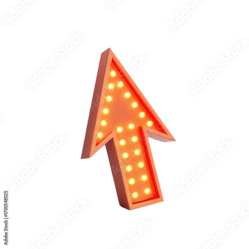 Orange arrow sign with glowing lights on transparent background creates vibrant and energetic visual for various design uses