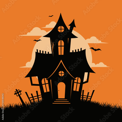 A spooky haunted house silhouette with flying bats against a full moon and an orange Halloween sky.