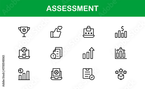 Outline assessment icons for professional testing and performance evaluation. Enhance education, business, and digital projects with premium, modern visuals.