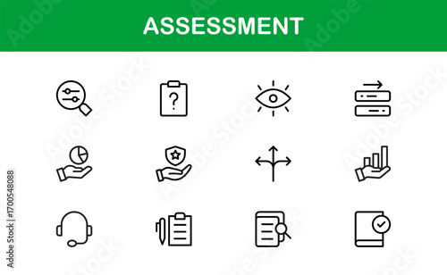Minimal assessment icons for education, learning, and evaluation projects. Perfect for websites, apps, and academic branding with professional and versatile visuals.