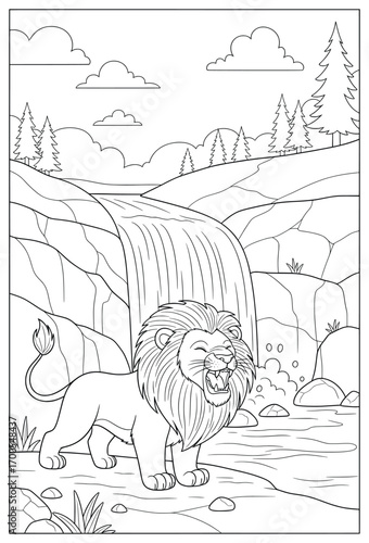 Lion vector illustration of a roaring lion with a large mane standing near a flowing waterfall in a rocky forest landscape with pine trees and clouds drawn in clean cartoon style line art