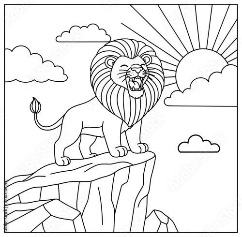 Lion vector illustration of a roaring lion with majestic mane standing on the edge of a rocky cliff with sunrise and drifting clouds in the background created in detailed cartoon line art style