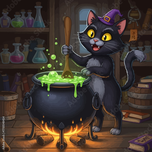 A whimsical cartoon black cat wearing a purple witch hat joyfully stirs a bubbling green potion in a large cauldron inside a magical workshop.