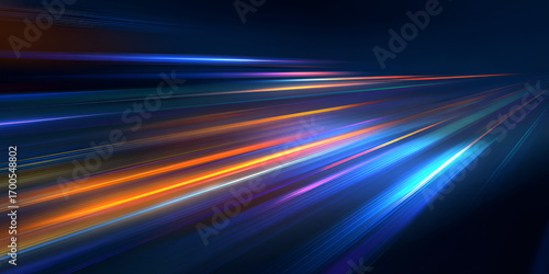 Abstract speed motion with glowing blue and orange light streaks on dark background