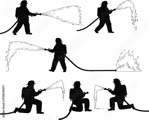 Firefighter silhouette set featuring hose techniques, kneeling and standing poses, and fire suppression gestures for safety design and merch
