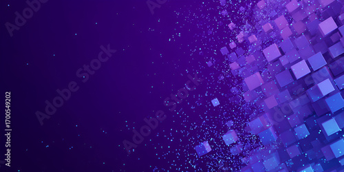 Digital pixel explosion of 3D cubes on purple background, abstract data concept