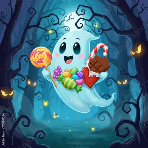 A cute cartoon ghost happily holds Halloween candy in a spooky, moonlit forest.