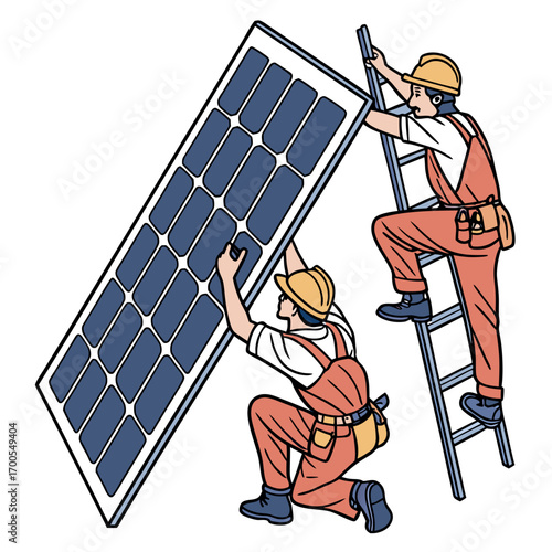 Two construction workers in hard hats and overalls installing a large solar panel on a rooftop using a ladder