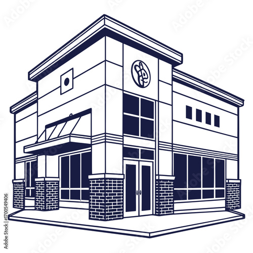 Modern commercial building facade with brick accents and large windows in a clean line art style