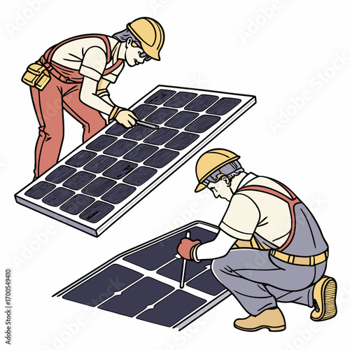 Two construction workers in hard hats installing solar panels on a roof for renewable energy generation