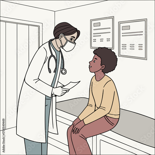 Doctor wearing a mask and stethoscope discusses medical chart with young patient sitting on examination table