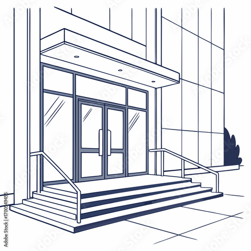 Modern building entrance with glass doors stairs and handrails in a clean line art style
