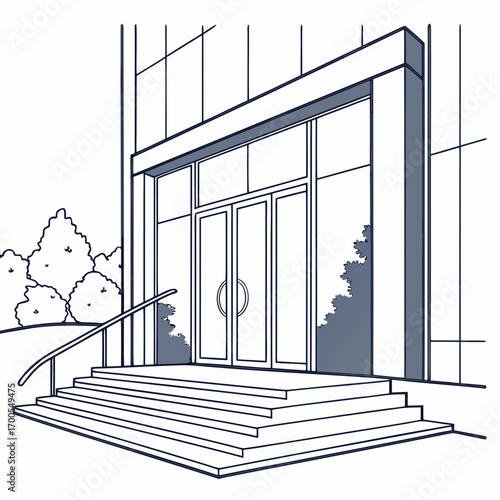 Modern building entrance with double doors steps and railing surrounded by lush greenery and glass facade