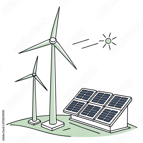 Clean energy sources including wind turbines and solar panels under a stylized sun