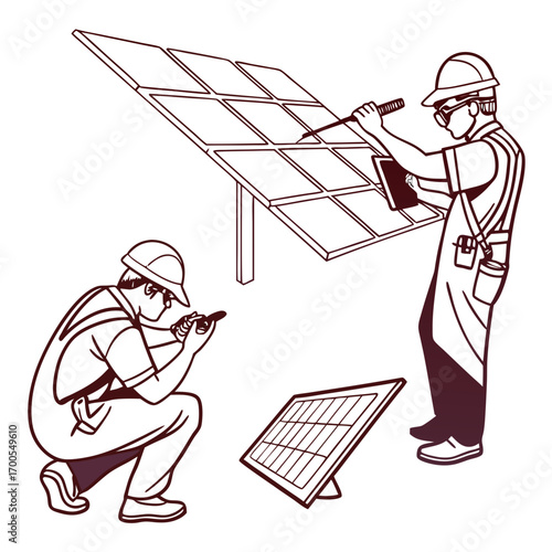 Two technicians in hard hats and safety vests installing and inspecting solar panels for renewable energy generation