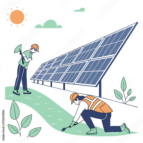 Workers installing solar panels on a sunny day with clouds in the sky and green plants