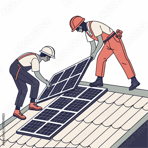Two workers installing solar panels on a residential rooftop for renewable energy generation