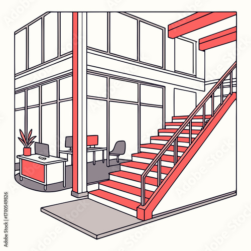 Modern office interior with a prominent red staircase and large windows overlooking workstations