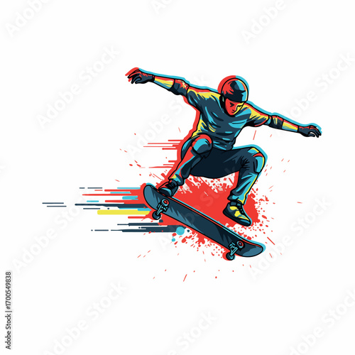 Dynamic futuristic skater design with neon speed effects, perfect for modern sports and streetwear style