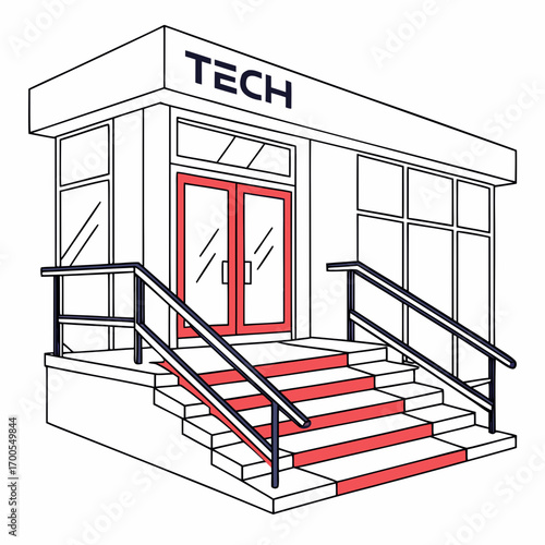 Modern minimalist building facade with tech sign above red framed double doors and stairs