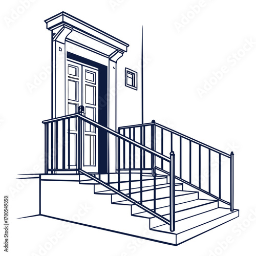 Architectural line art drawing of a classic entrance with stairs and railings leading to a paneled door